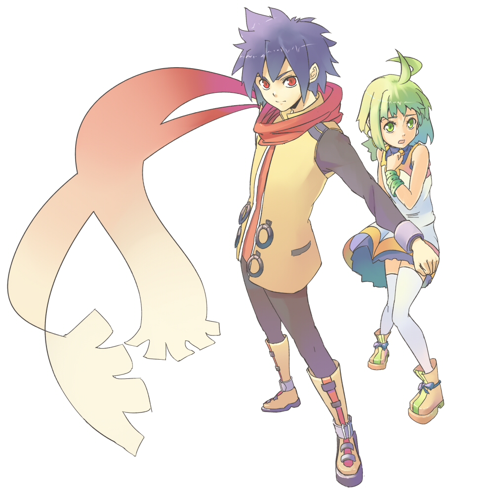 blue_hair, dress, green_eyes, green_hair, izumi_(ko8), izumi_(pixiv41366), marona, nippon_ichi, phantom_brave, red_eyes, scarf, short_hair, thigh-highs, thighhighs