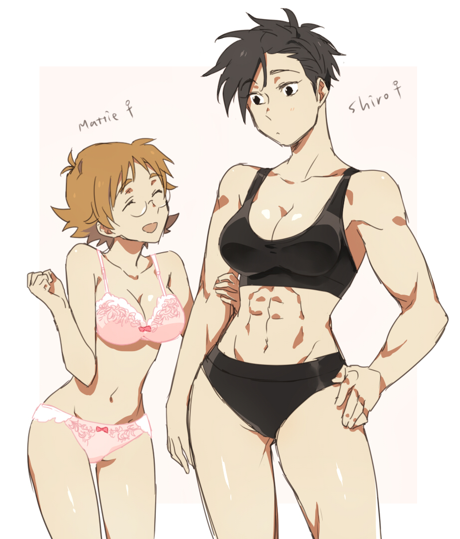 2girls, :<, ^_^, abs, arm_grab, black_bra, black_eyes, black_hair