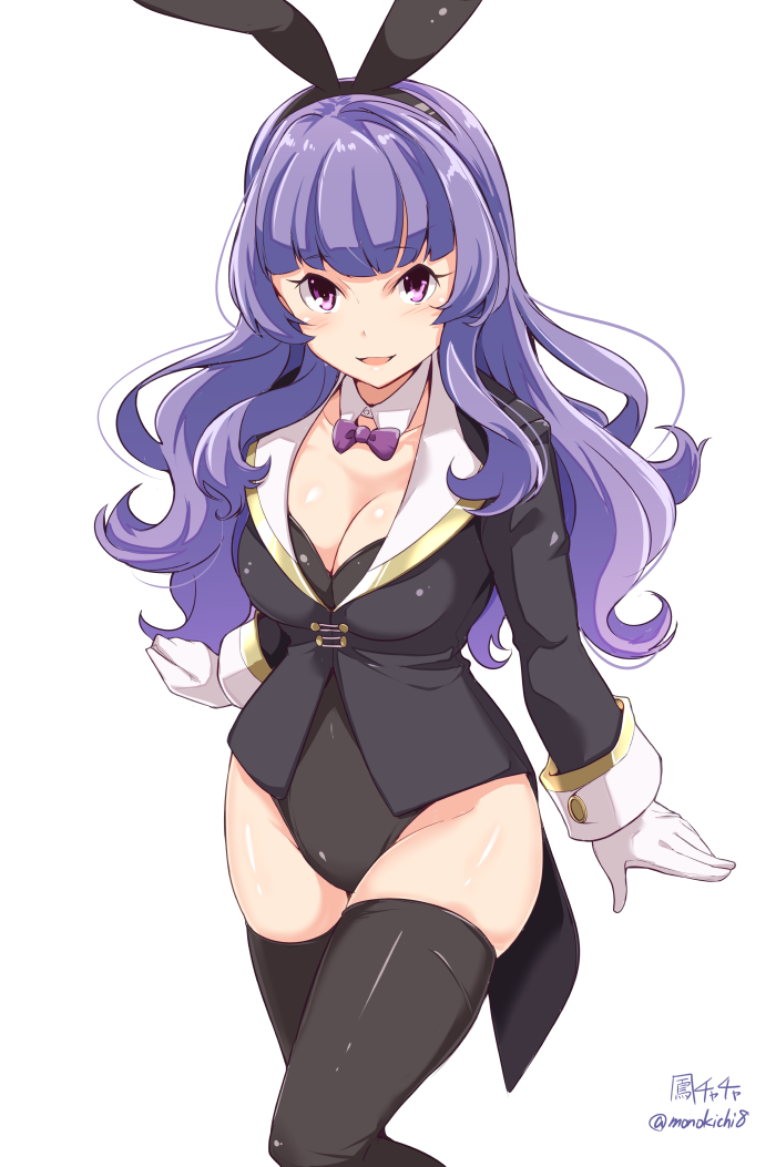 1girl, animal_ears, bangs, black_legwear, black_leotard, blush, breasts, character_name
