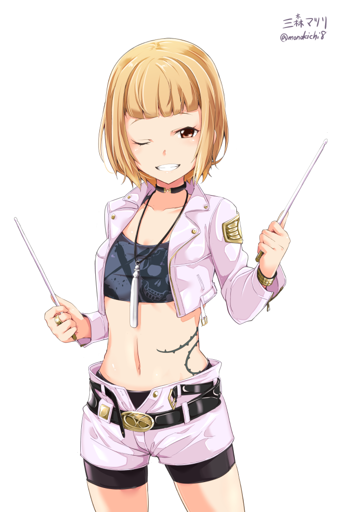 1girl, ;d, bangs, bike_shorts, blonde_hair, blunt_bangs, character_name, cowboy_shot, cropped_jacket, drumsticks, holding, jacket, jewelry, kichihachi, midriff, mimori_matsuri, navel, necklace, one_eye_closed, open_clothes, open_jacket, open_mouth, parted_lips, purple_jacket, purple_shorts, short_hair, short_shorts, shorts, shorts_under_shorts, simple_background, smile, solo, tank_top, tattoo, teeth, tokyo_7th_sisters, twitter_username, white_background