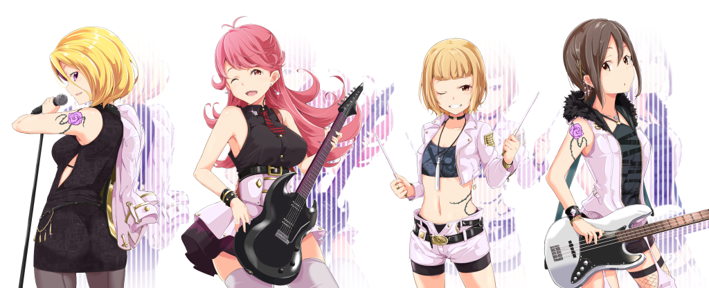 4girls, :o, ;d, antenna_hair, ass, bangs, bass_guitar, bike_shorts