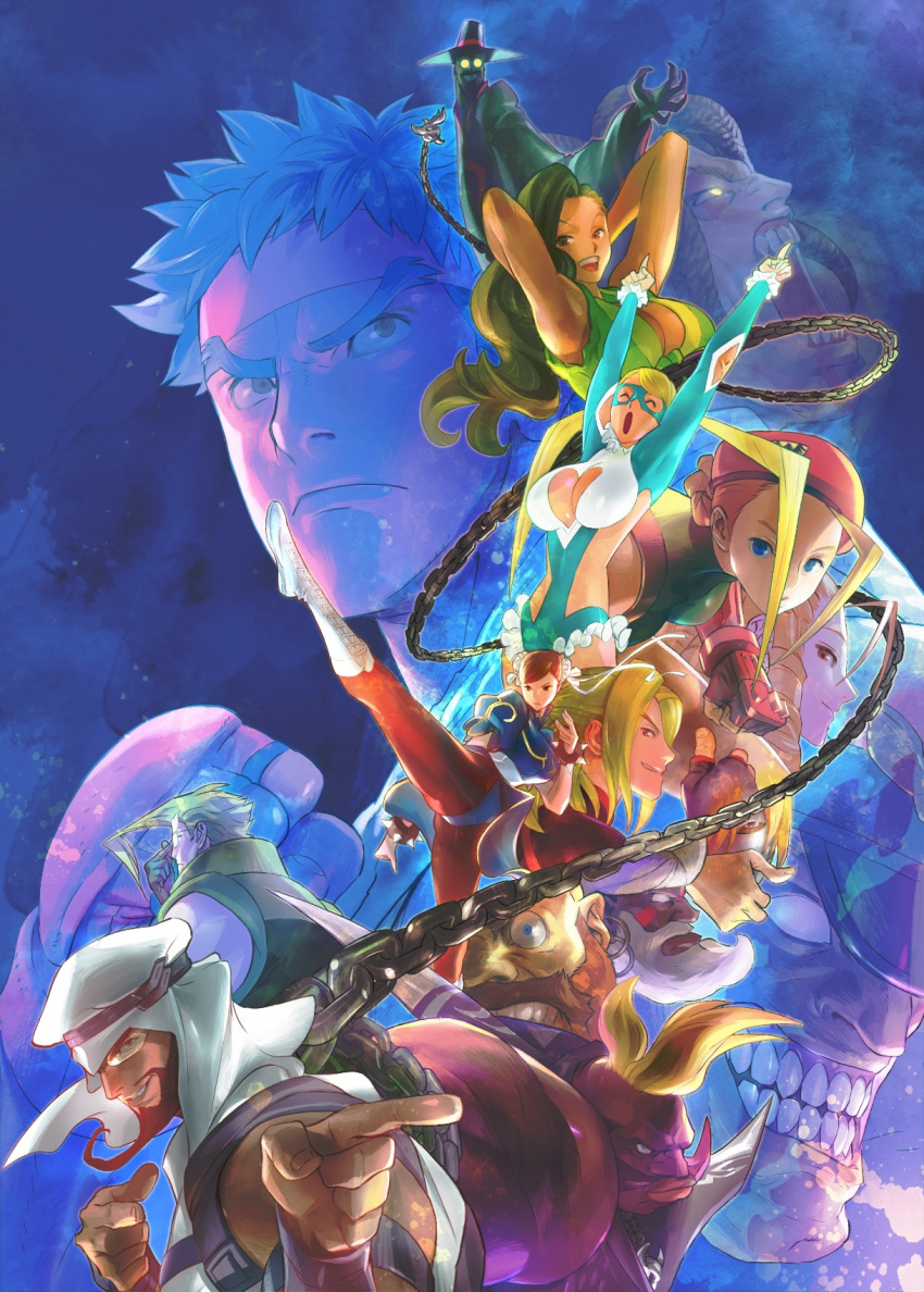 5girls, 6+boys, balrog, beard, bengus, beret, birdie_(street_fighter), black_hair