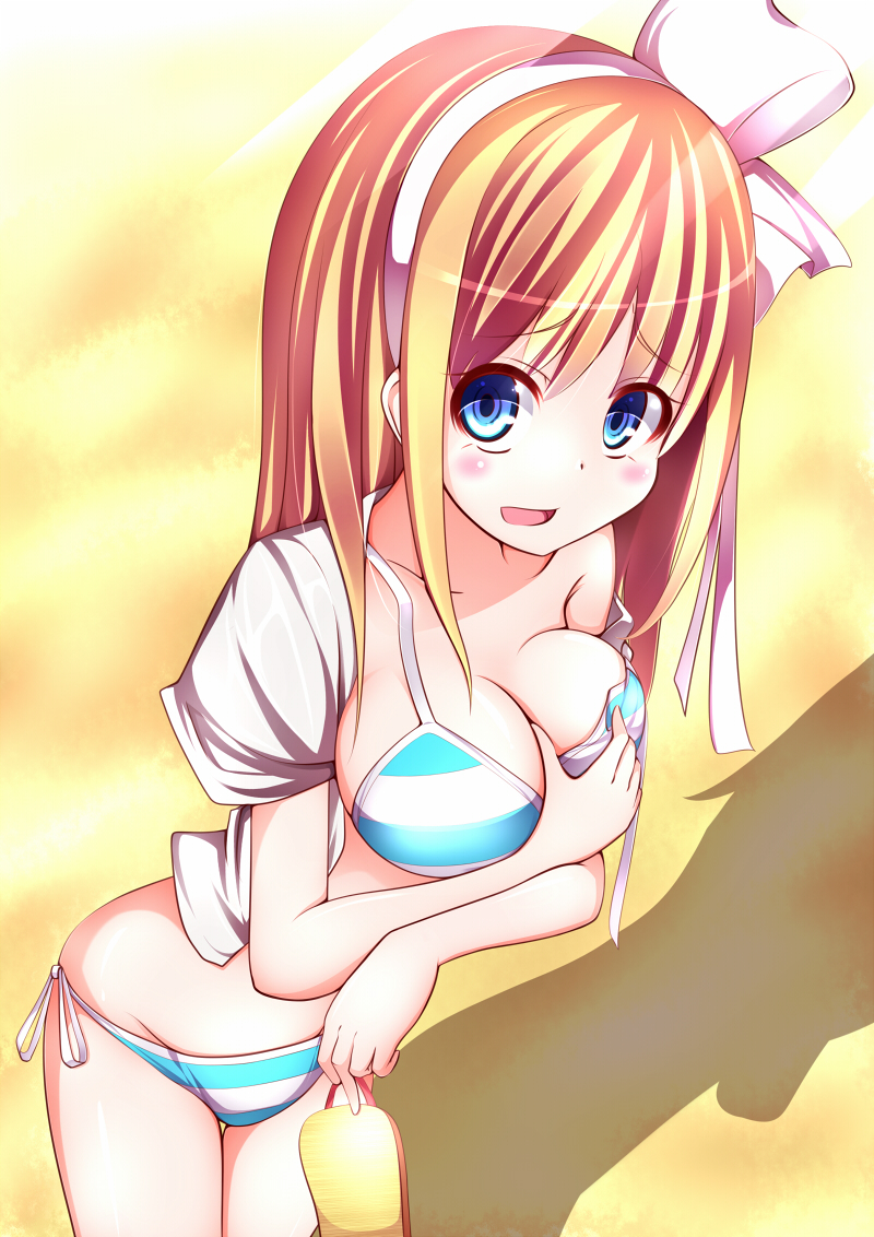 1girl, bikini, blonde_hair, blue_eyes, blush, breasts, cleavage, dutch_angle, from_above, groin, long_hair, looking_at_viewer, medium_breasts, moe2014, off_shoulder, original, panjii, sand, shadow, side-tie_bottom, solo, striped, striped_bikini, swimsuit, wardrobe_malfunction