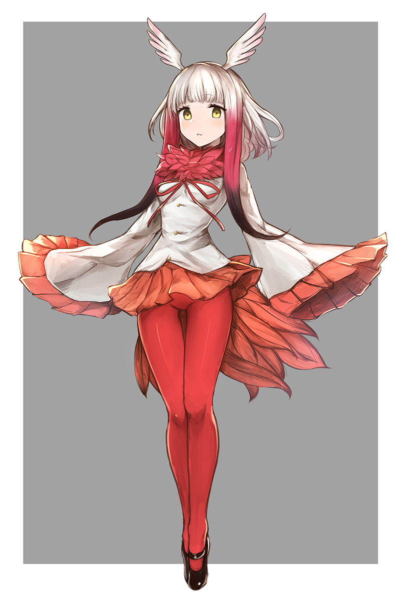 1girl, bangs, bird_tail, blunt_bangs, crested_ibis_(kemono_friends), empty_eyes, full_body, head_wings