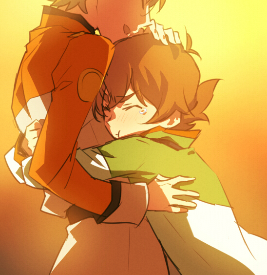 1boy, 1girl, brown_hair, catgirl0926, closed_eyes, from_side, hand_on_another's_head, hug