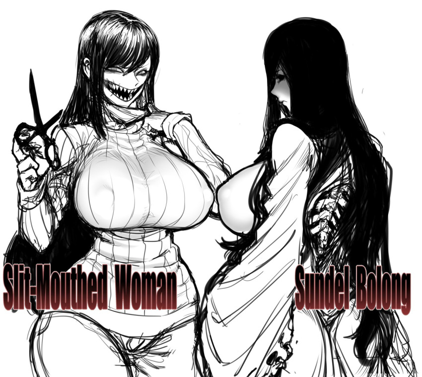 2girls, breasts, cowboy_shot, curvy, erect_nipples, evil_grin, evil_smile, from_behind