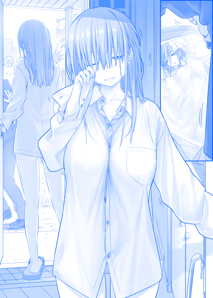 1boy, 1girl, blue, dress_shirt, flying_sweatdrops, getsuyoubi_no_tawawa, hair_over_eyes, himura_kiseki
