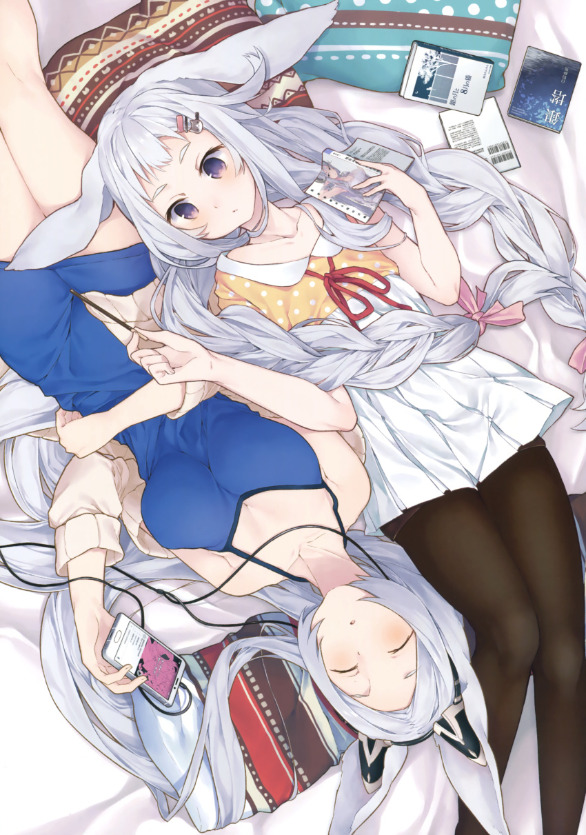 2girls, :o, absurdres, animal_ears, bangs, bare_shoulders, bed_sheet, blue_dress
