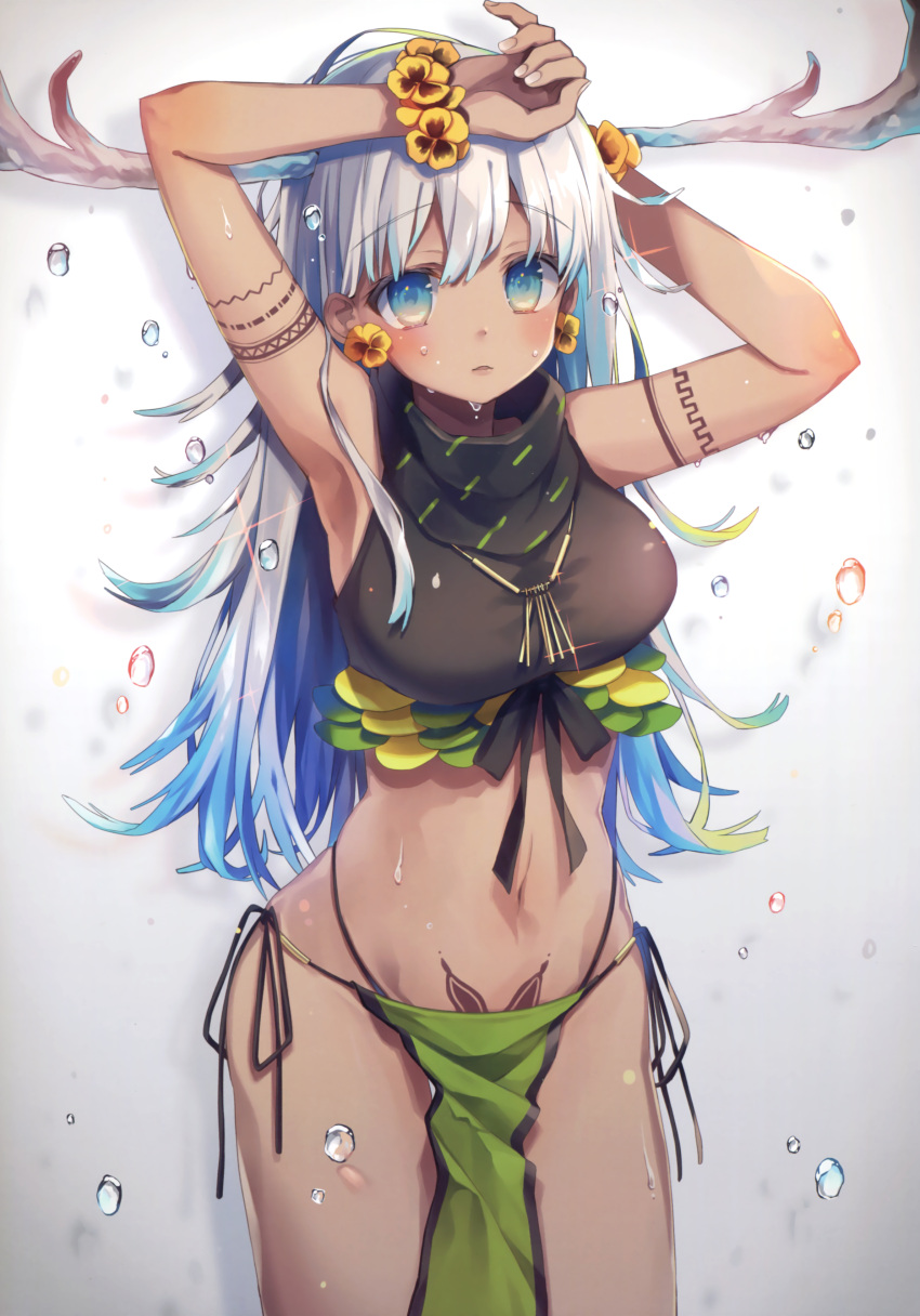 1girl, absurdres, antlers, aqua_hair, arm_tattoo, armpits, bangs, bare_shoulders