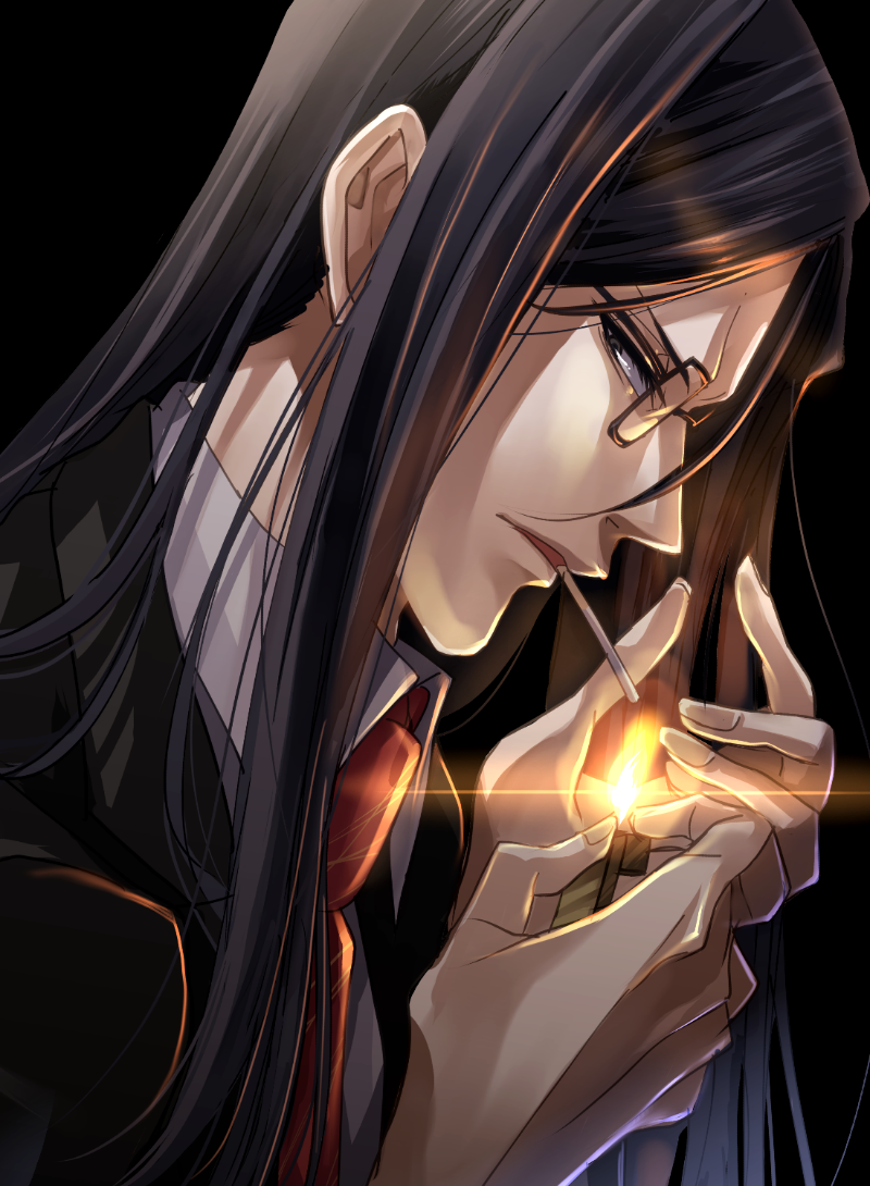 1boy, black_background, black_eyes, black_hair, blazer, cigarette, fate_(series), fire, formal, from_side, glasses, jacket, kurakura_(kura28913), lighter, lighting_cigarette, long_hair, looking_at_viewer, looking_to_the_side, lord_el-melloi_ii, lord_el-melloi_ii_case_files, male_focus, mouth_hold, necktie, older, red_necktie, solo, suit, waver_velvet