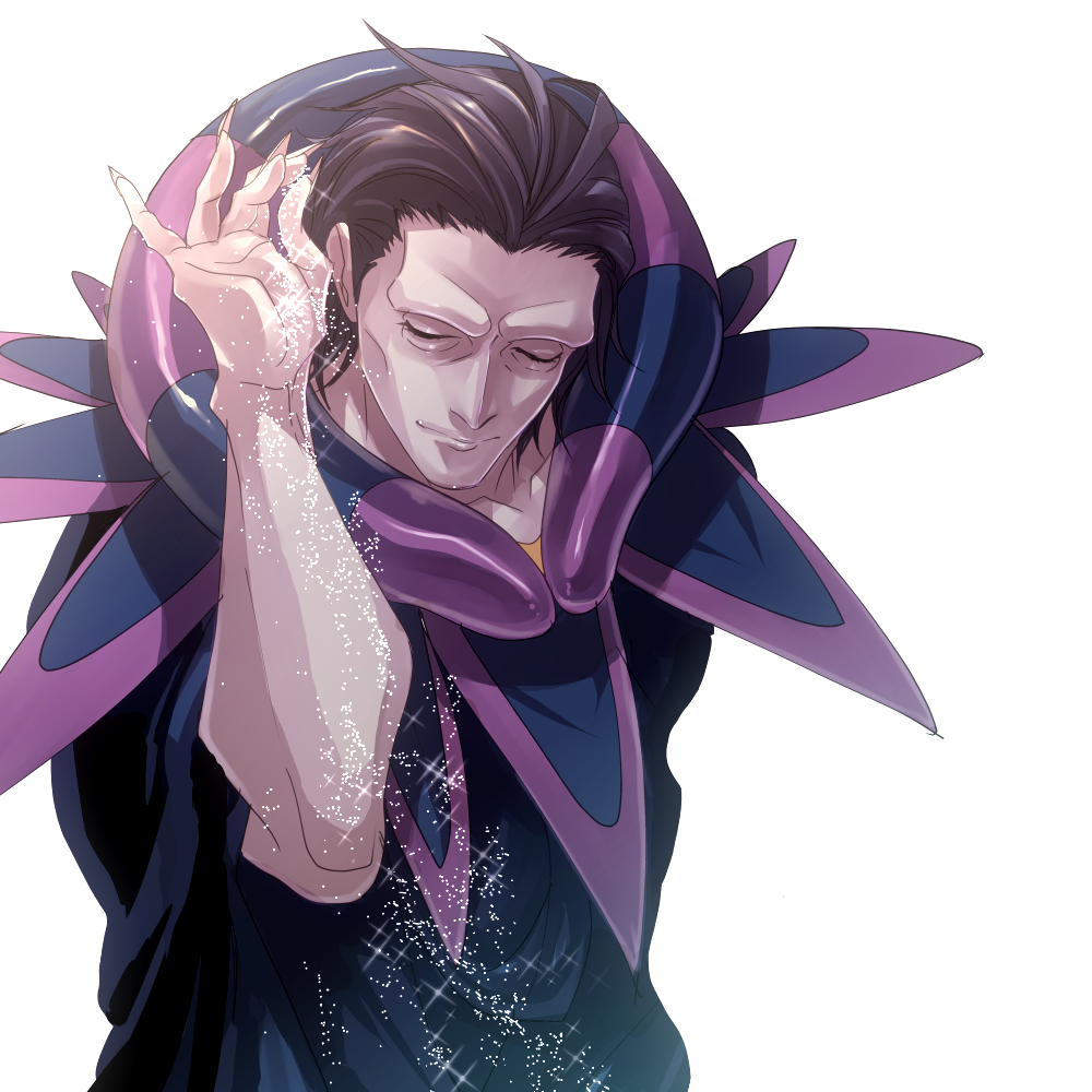 1boy, caster_(fate/zero), closed_eyes, commentary_request, fate/zero, fate_(series), kurakura_(kura28913), male_focus, purple_clothes, purple_hair, salt, salt_bae_(meme), solo, upper_body