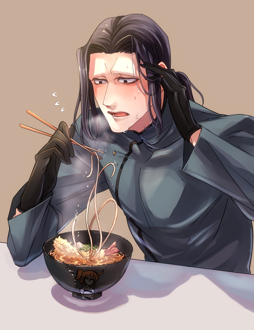 1boy, black_eyes, black_gloves, black_hair, blush, caster_(fate/zero), character_print, eating