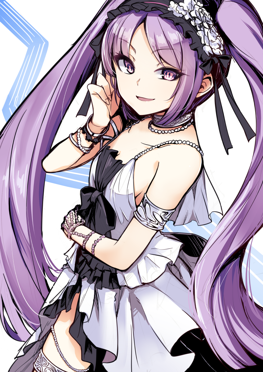 1girl, armlet, bare_shoulders, commentary_request, dress, euryale, eyebrows_visible_through_hair, fate/hollow_ataraxia, fate_(series), hairband, headdress, highres, ichifuji_nitaka_(phase_nine), jewelry, lolita_hairband, long_hair, looking_at_viewer, open_mouth, purple_hair, smile, solo, thighlet, twintails, two-tone_background, very_long_hair, violet_eyes, white_dress