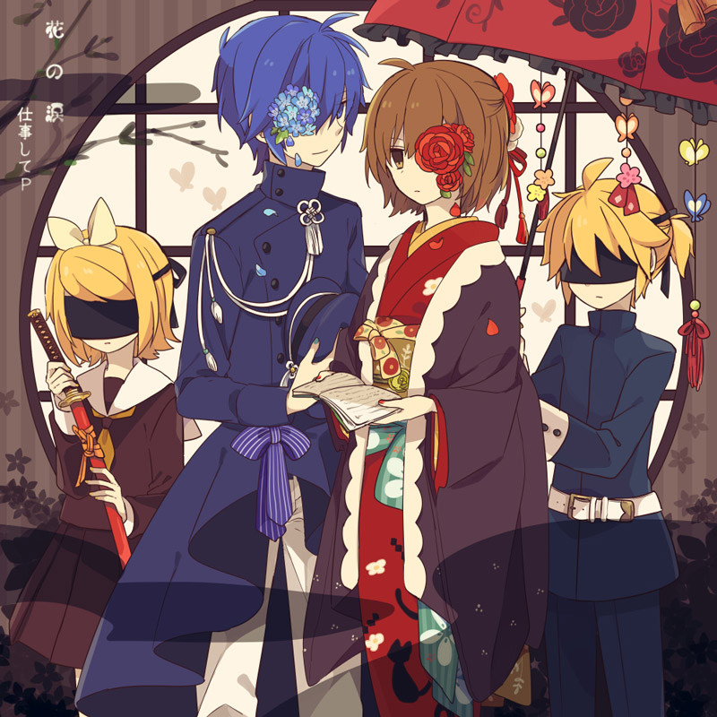 2boys, 2girls, ahoge, belt, blindfold, blonde_hair, blue_hair, blue_nails