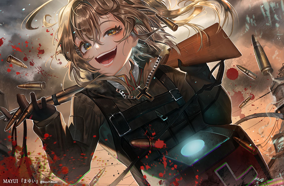 1girl, ammunition, black_gloves, blonde_hair, bullet, gloves, gun, iron_cross, looking_at_viewer, military, military_uniform, outdoors, rifle, short_hair, sky, solo, tanya_degurechaff, uniform, weapon, yellow_eyes, youjo_senki, yukisaki_mayui
