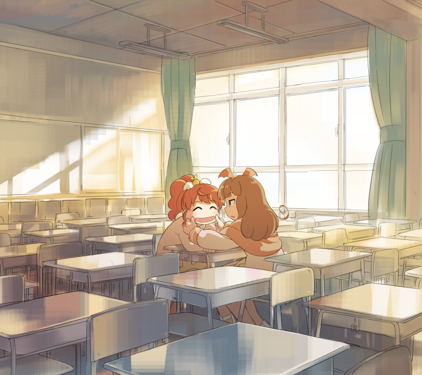 2girls, ^_^, black_hair, blush, chair, classroom, closed_eyes, desk
