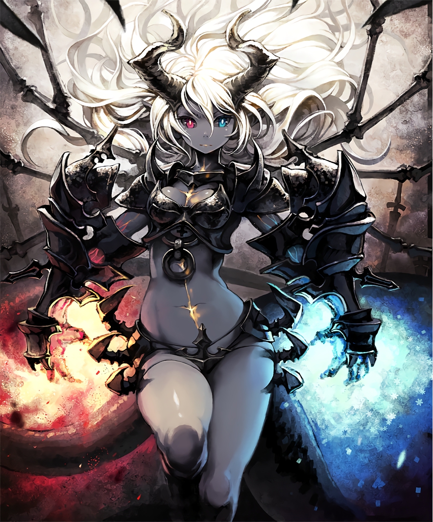 1girl, armor, artist_request, black_sclera, breastplate, cross, demon_girl, demon_horns
