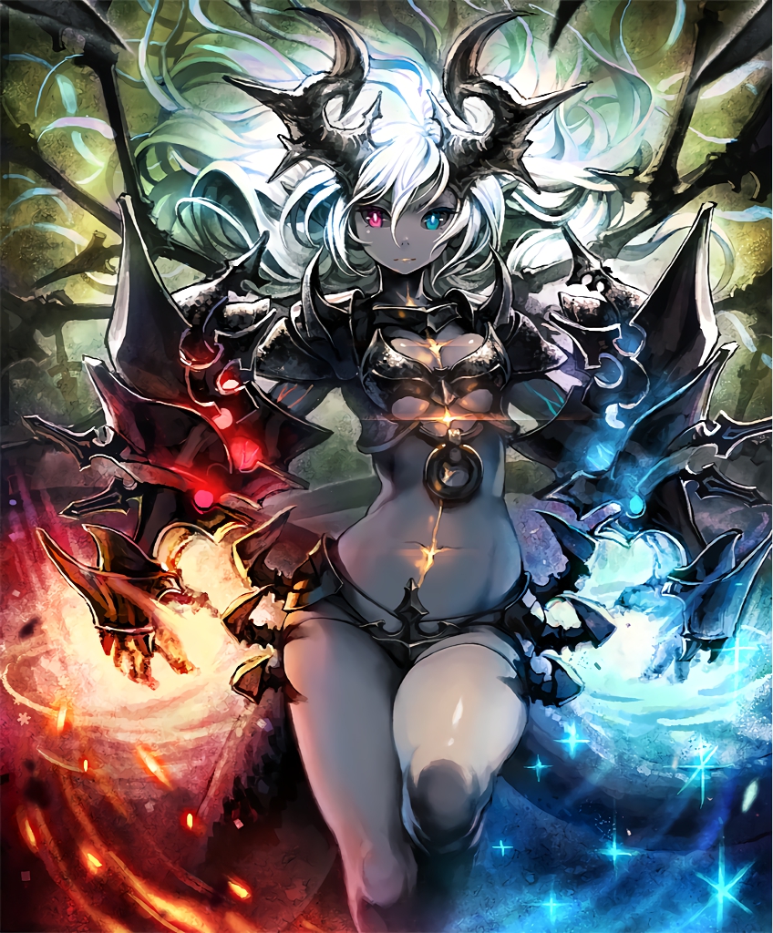 1girl, armor, artist_request, black_sclera, breastplate, demon_girl, demon_horns, fire, flame_and_glass, gauntlets, grey_skin, heterochromia, horns, ice, long_hair, long_tail, official_art, pointy_ears, revealing_clothes, scar, serious, shadowverse, shoulder_armor, shoulder_spikes, spikes, sword, tail, veins, weapon, white_hair