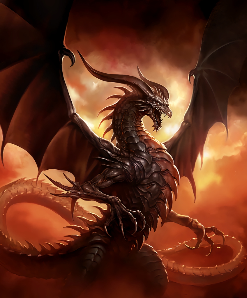 artist_request, bahamut_(shingeki_no_bahamut), claws, clouds, dragon, dragon_wings, horns, no_humans, official_art, red_sky, scales, shadowverse, shingeki_no_bahamut, sky, spines, teeth, wings