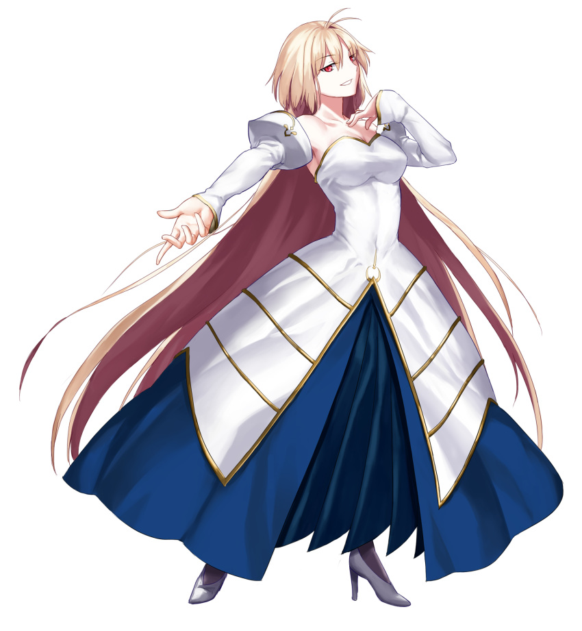 1girl, antenna_hair, archetype_earth, arcueid_brunestud, armpits, bangs, bare_shoulders, black_legwear, blonde_hair, breasts, cleavage, detached_sleeves, dress, eyebrows_visible_through_hair, full_body, hand_on_own_chest, high_heels, highres, juliet_sleeves, long_hair, long_sleeves, looking_at_viewer, medium_breasts, melty_blood, outstretched_arm, pleated_dress, puffy_sleeves, red_eyes, shoes, simple_background, slit_pupils, smile, solo, standing, strapless, strapless_dress, torinoko_tamago, tsukihime, very_long_hair, white_background, white_shoes