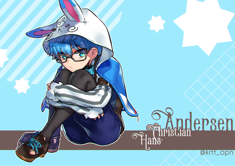 1boy, animal_hood, blue_eyes, blue_hair, bow, bowtie, bunny_hood, caster_(fate/extra_ccc)