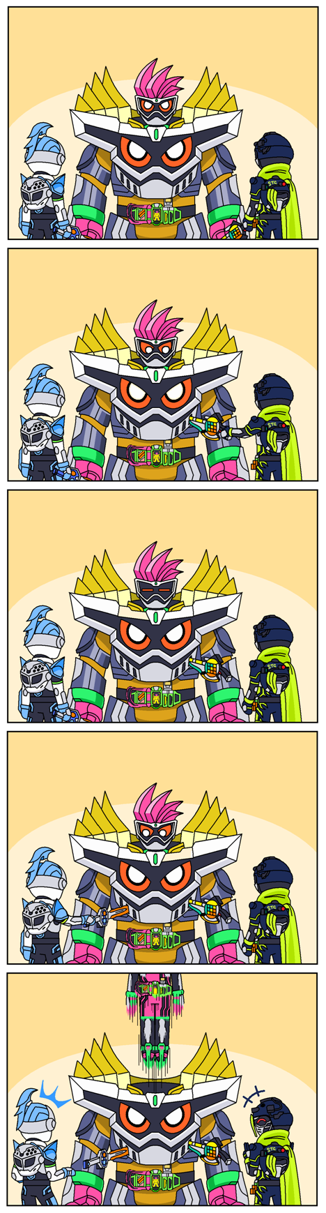 3boys, 5koma, armor, belt, comic, highres, kamen_rider, kamen_rider_brave