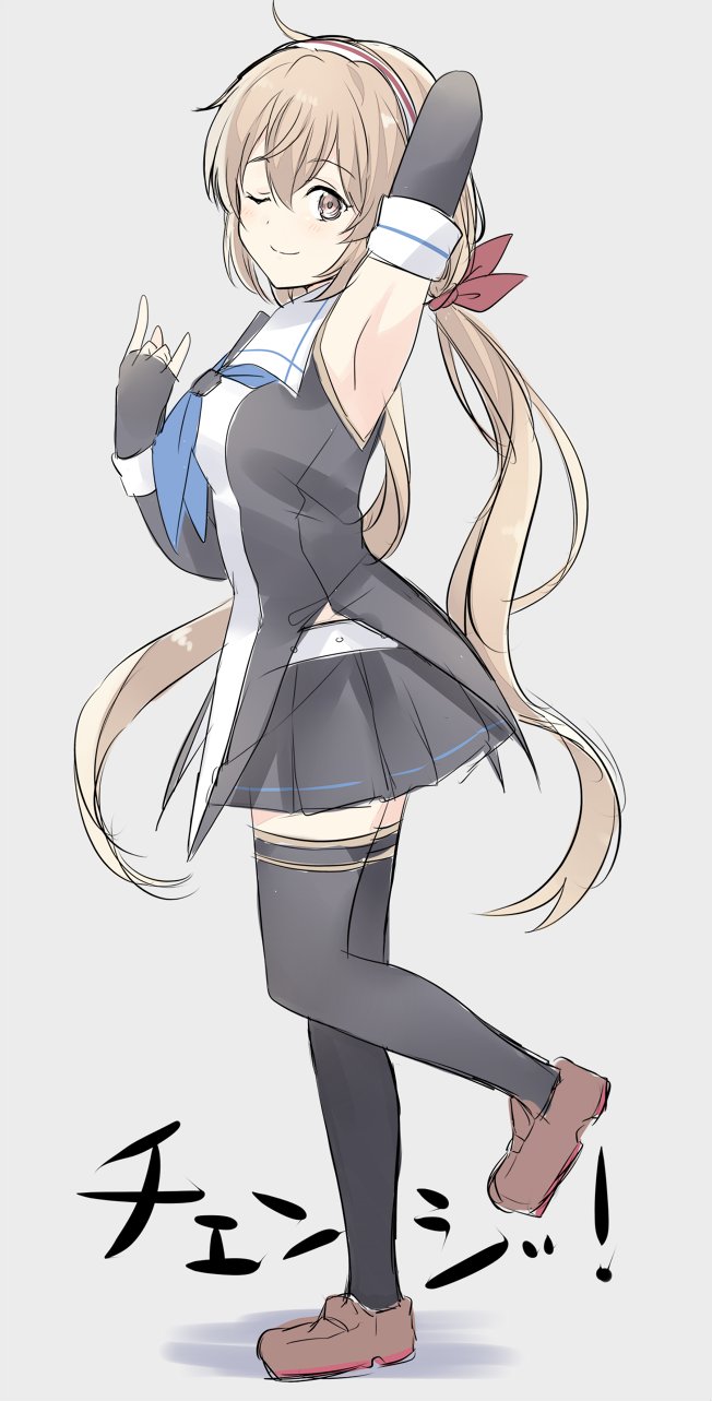1girl, \m/, arm_behind_head, arm_up, armpits, belt, black_gloves, black_legwear