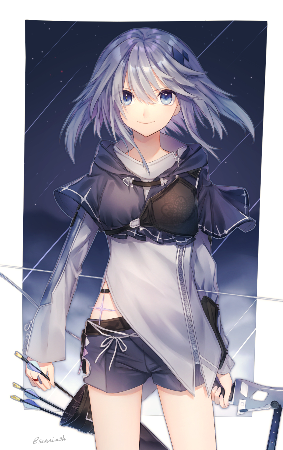 1girl, arrow, asymmetrical_clothes, bangs, blue_eyes, bow_(weapon), capelet, closed_mouth