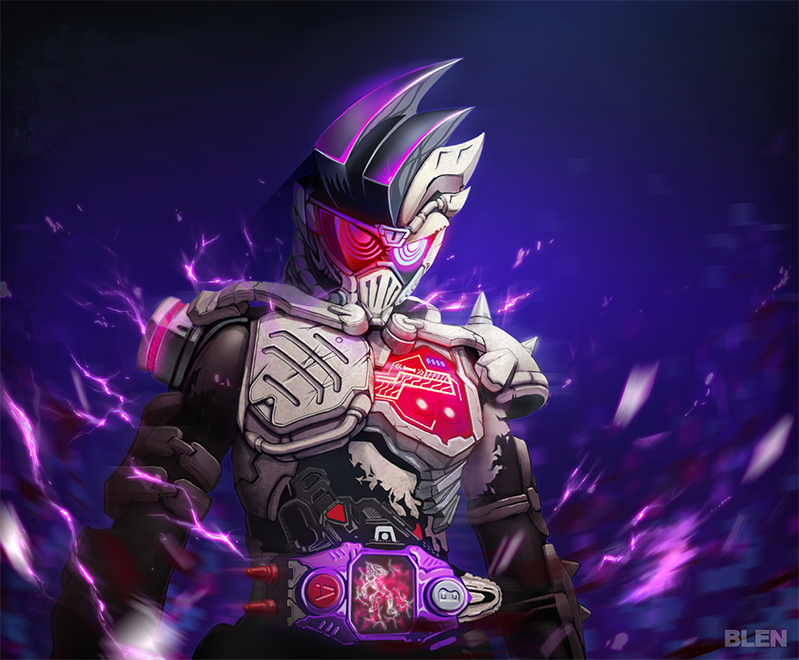 1boy, armor, artist_request, belt, blue_eyes, breastplate, commentary_request, dangerous_zombie_level_x, kamen_rider, kamen_rider_ex-aid_(series), kamen_rider_genm, male_focus, solo, spikes, visor