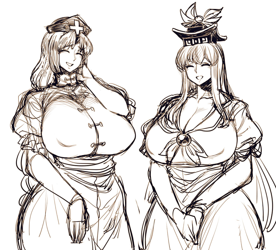 2girls, braid, breasts, cleavage, closed_eyes, collarbone, curvy, erect_nipples