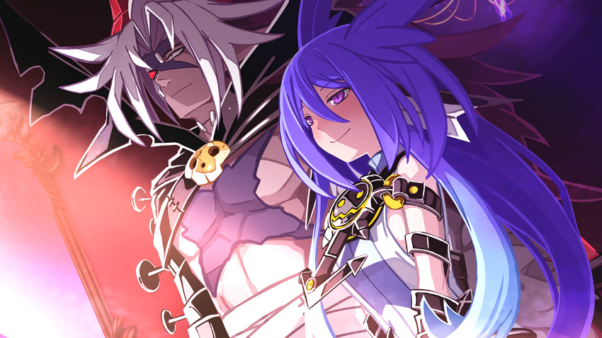 1boy, 1girl, absurdres, bandage, blue_hair, blush, cape, game_cg