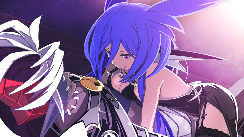 1boy, 1girl, absurdres, blue_hair, breasts, cleavage, game_cg, highres
