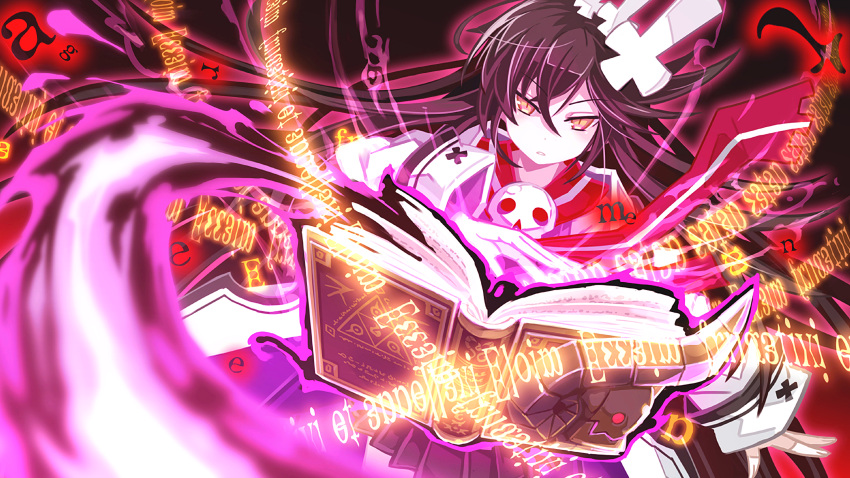 1girl, absurdres, black_hair, blue_hair, book, faust_(makai_shin_trillion), fire, game_cg