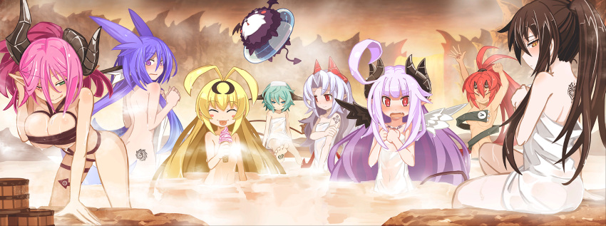 6+girls, absurdres, ahoge, ashmedia, barefoot, bath, bathing, black_hair