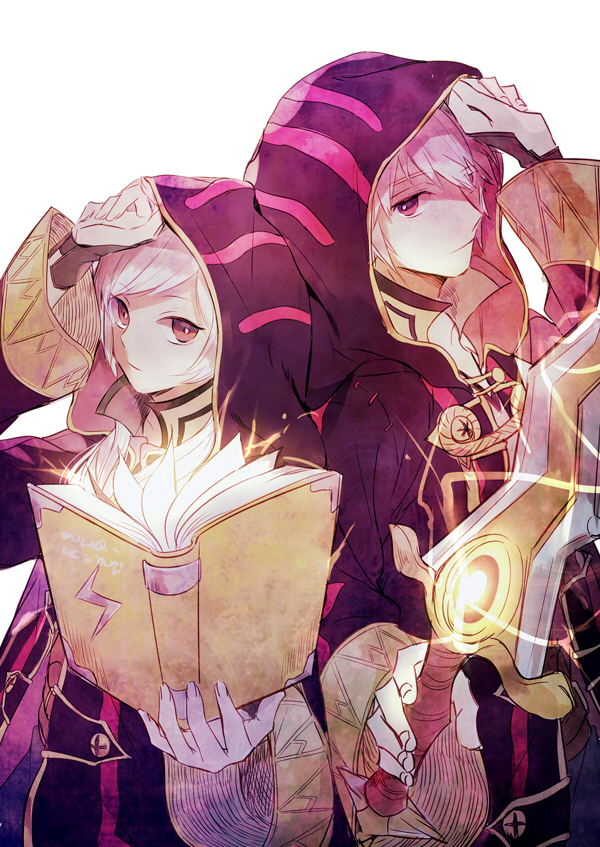 1boy, 1girl, a082, book, dual_persona, fingerless_gloves, fire_emblem, fire_emblem_awakening