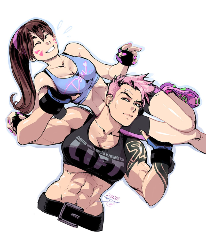 2girls, abs, bike_shorts, breasts, brown_hair, clothes_writing, commentary, d.va_(overwatch)
