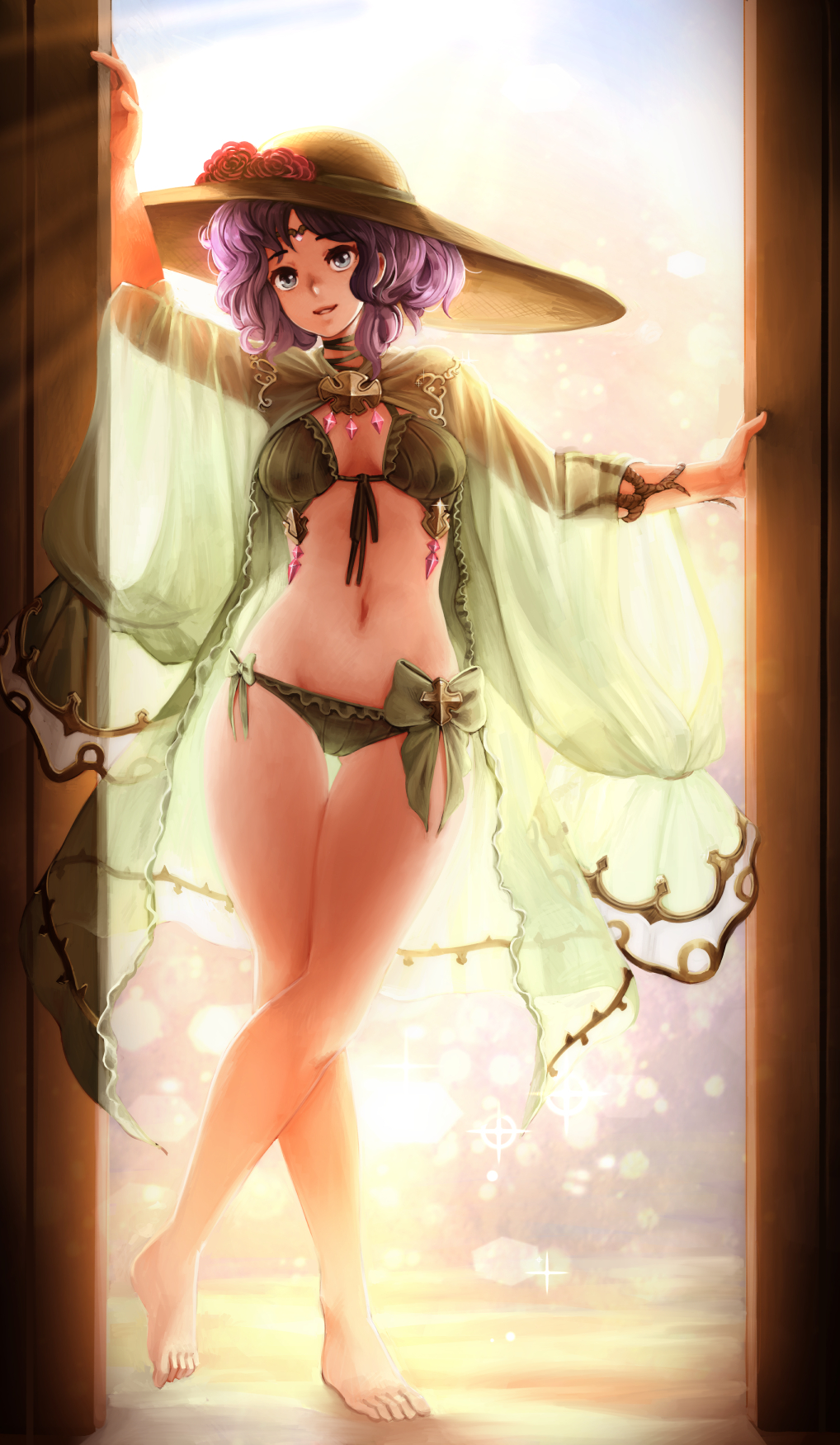 1girl, barbariank, bare_legs, barefoot, bikini, bow, breasts, cape
