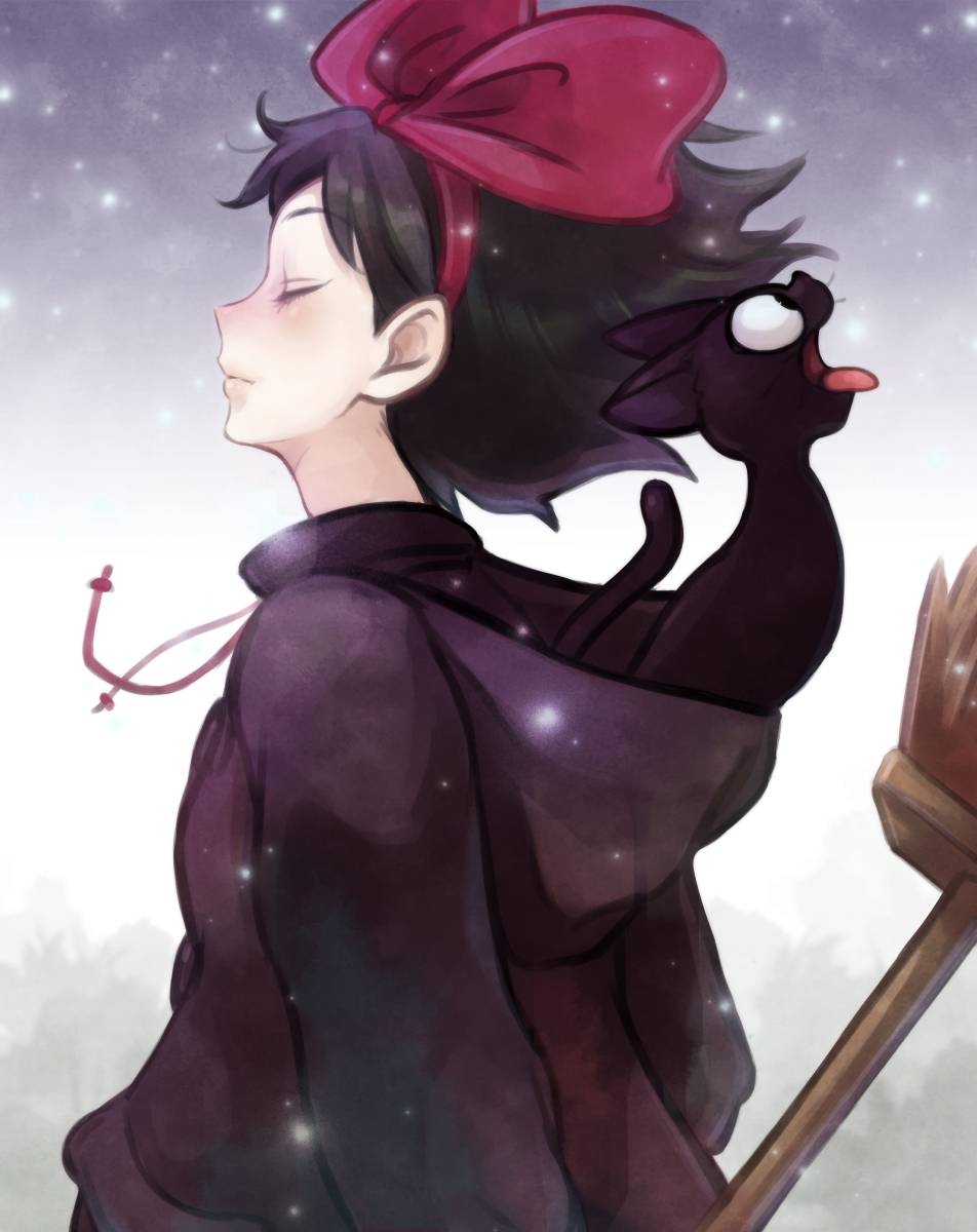 1girl, black_cat, black_hair, blush, bow, broom, cat, closed_eyes