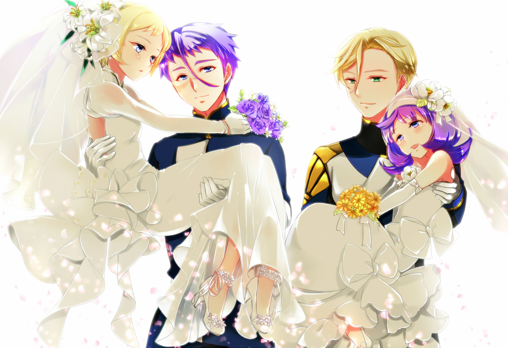 2boys, 2girls, almiria_bauduin, blonde_hair, blue_eyes, bouquet, bridal_veil, brother_and_sister, carrying, couple, dress, elbow_gloves, flower, gaelio_bauduin, gloves, green_eyes, gundam, gundam_tekketsu_no_orphans, hetero, julietta_juris, mcgillis_fareed, mikazuki_tenma, multiple_boys, multiple_girls, princess_carry, purple_hair, scar, short_hair, siblings, veil, wedding_dress