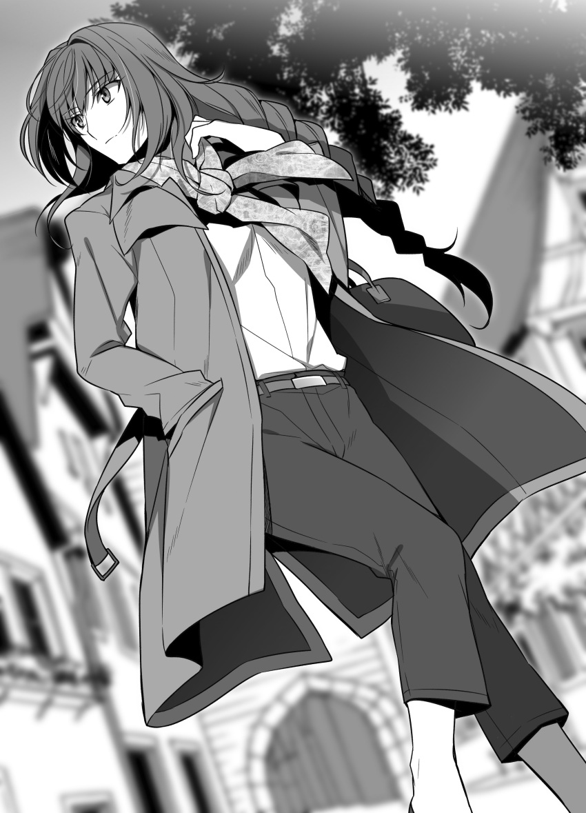 1girl, absurdres, alternate_costume, belt, closed_mouth, coat, fate/grand_order, fate_(series), greyscale, hand_in_pocket, highres, house, long_hair, looking_to_the_side, monochrome, outdoors, scathach_(fate/grand_order), solo, yamoge