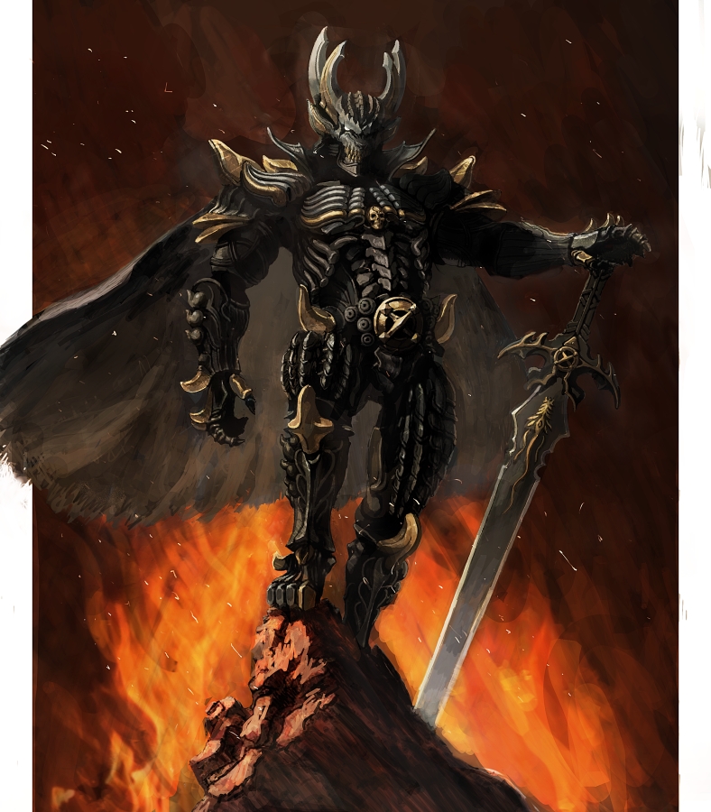 1boy, armor, cape, fire, frame, full_armor, full_body, garo_(series)