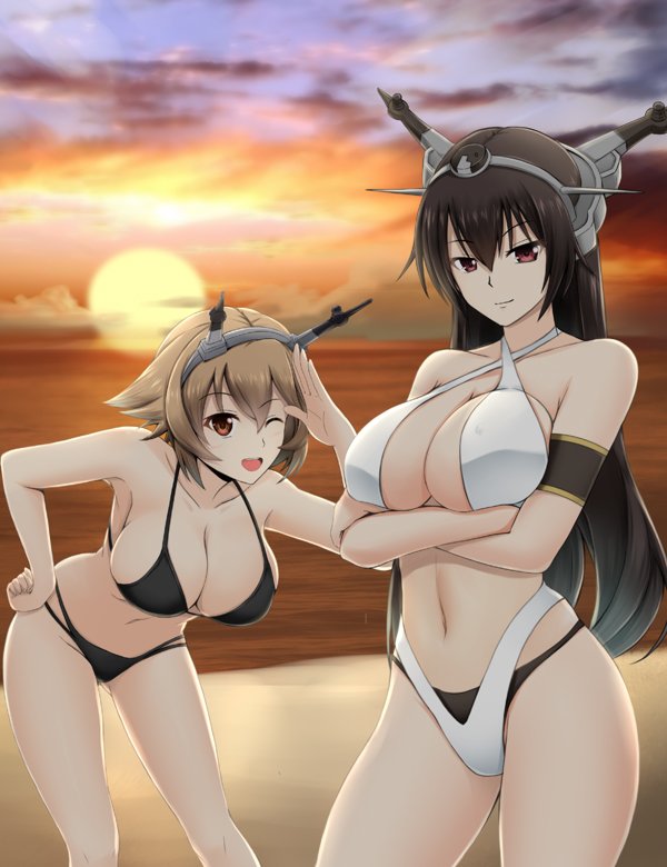 2girls, ;d, armband, beach, bikini, black_bikini, black_hair, black_swimsuit, breasts, brown_eyes, brown_hair, cleavage, collarbone, criss-cross_halter, crossed_arms, fuuma_nagi, gluteal_fold, grey_background, hair_between_eyes, halterneck, hand_on_hip, headgear, kantai_collection, large_breasts, long_hair, looking_at_viewer, multiple_girls, mutsu_(kantai_collection), nagato_(kantai_collection), navel, one_eye_closed, open_mouth, pink_background, red_eyes, salute, short_hair, simple_background, smile, solo, sunset, swimsuit, two_piece, white_bikini, white_swimsuit