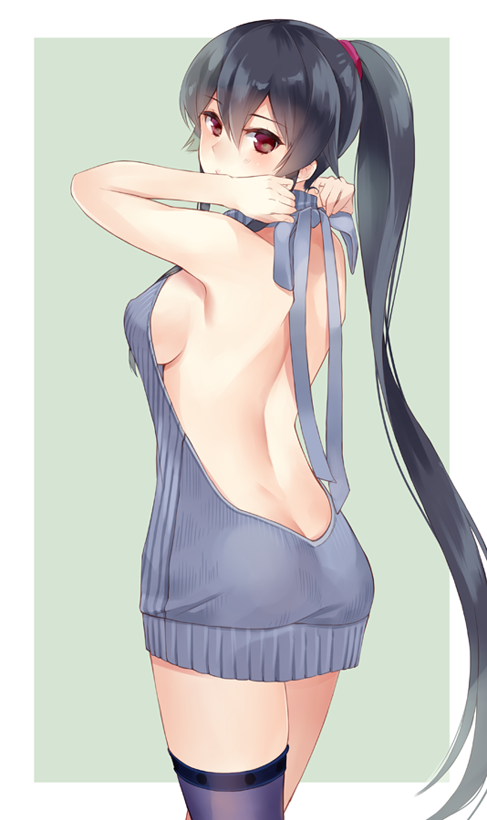 1girl, asymmetrical_legwear, backless_outfit, bare_back, black_hair, blue_background, blush, breasts, cowboy_shot, dress, eyebrows_visible_through_hair, hair_between_eyes, halterneck, ichinomiya_(blantte), kantai_collection, long_hair, looking_at_viewer, medium_breasts, meme_attire, naked_sweater, open-back_dress, outside_border, pink_scrunchie, ponytail, red_eyes, sideboob, simple_background, single_thighhigh, solo, sweater, sweater_dress, thigh-highs, very_long_hair, virgin_killer_sweater, white_border, yahagi_(kantai_collection)