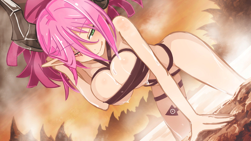 1girl, absurdres, ashmedia, breasts, game_cg, green_eyes, highres, horns