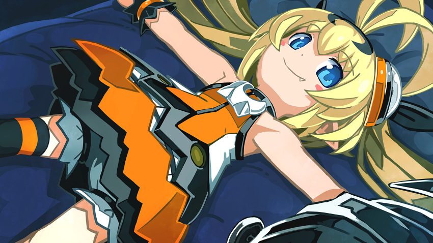 1girl, absurdres, ahoge, bed_sheet, blonde_hair, blue_eyes, fang, game_cg