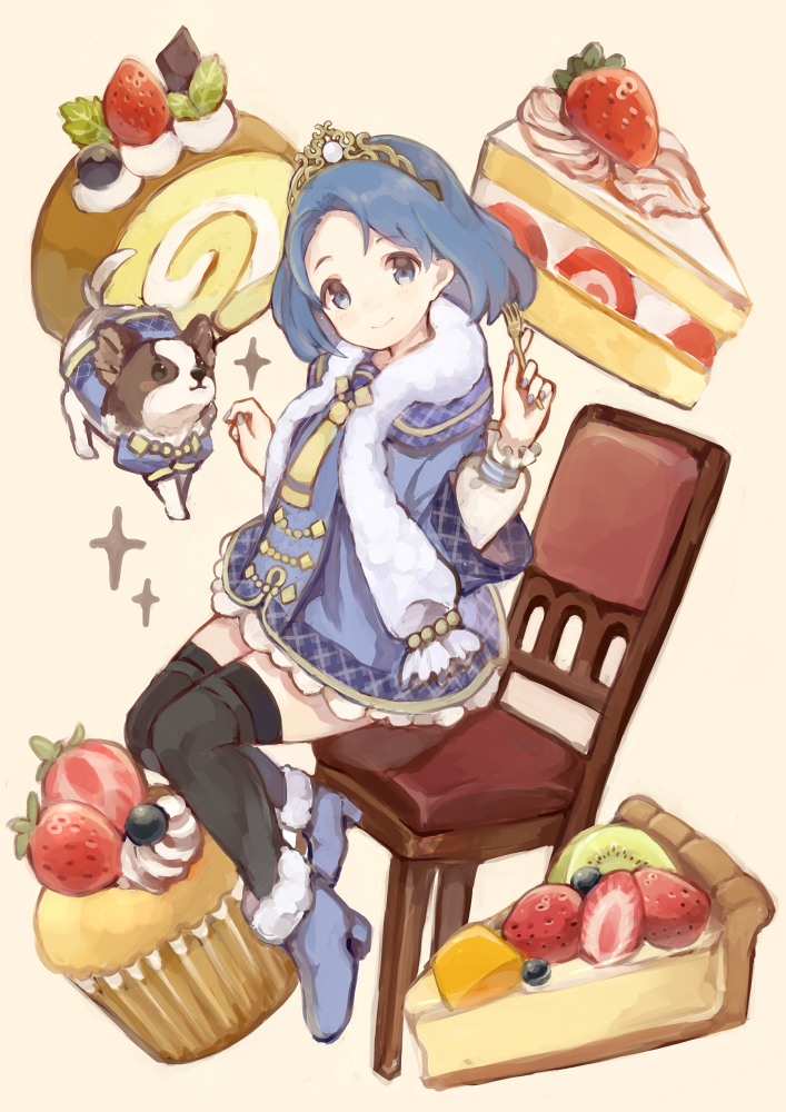 1girl, animal, black_legwear, blue_eyes, blue_hair, blueberry, boots, cake