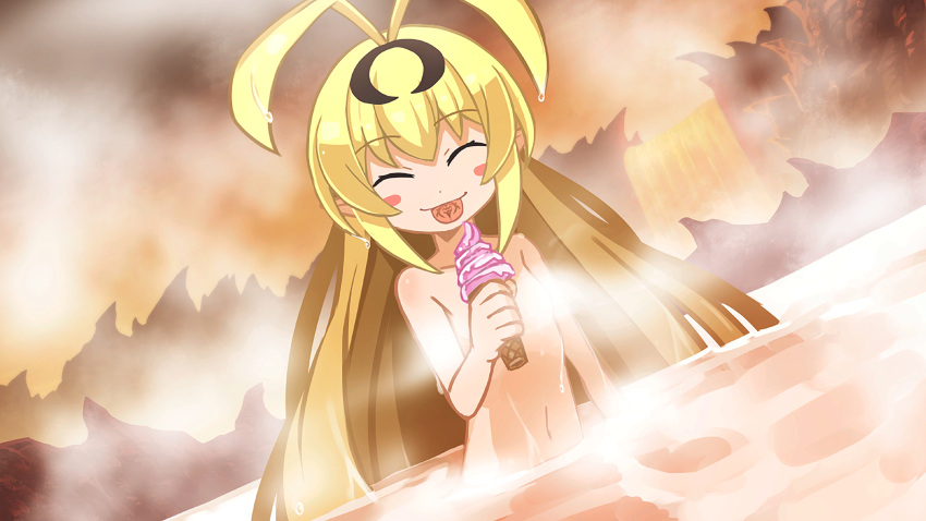 1girl, :p, absurdres, ahoge, blonde_hair, blush_stickers, closed_eyes, fang