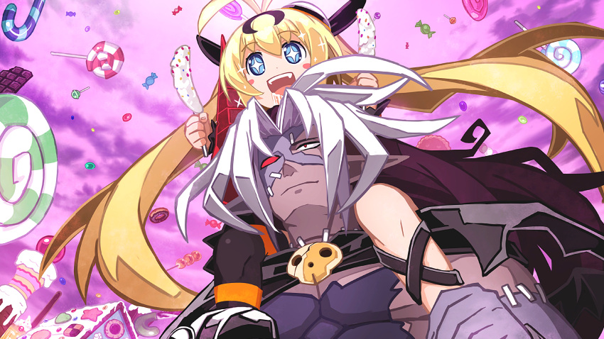 +_+, 1boy, 1girl, absurdres, ahoge, blonde_hair, blue_eyes, candy