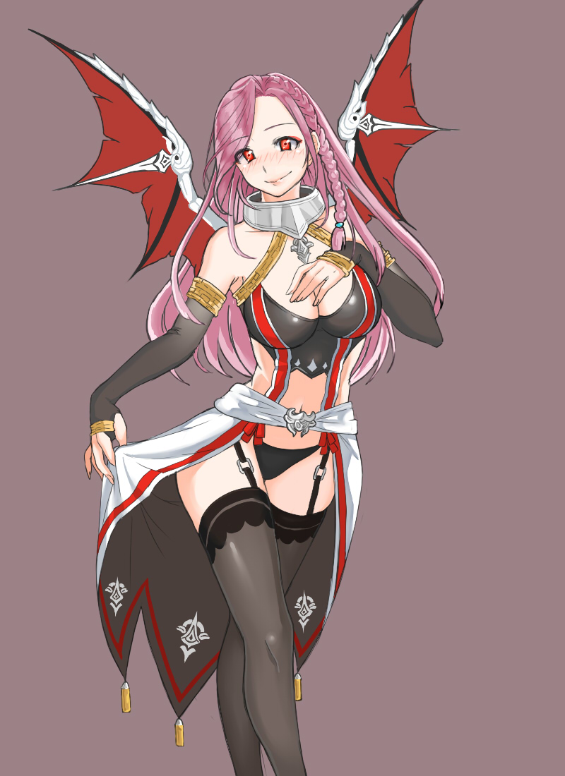 1girl, bat_wings, blush, boots, braid, breasts, cleavage, demon_girl