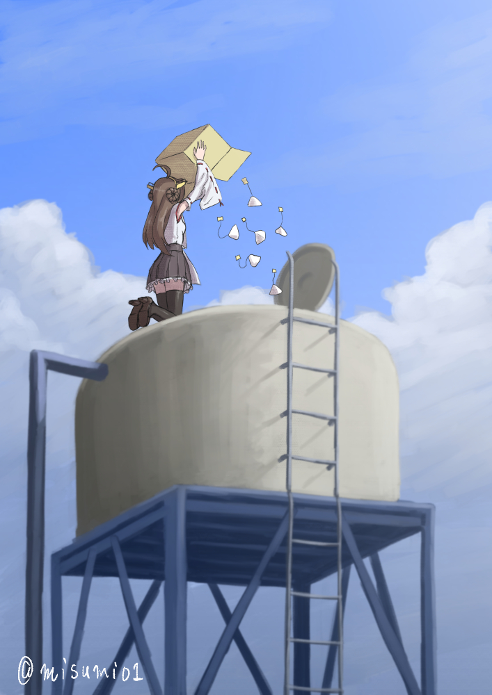 1girl, box, brown_hair, clouds, hair_bun, kantai_collection, kongou_(kantai_collection), misumi_(niku-kyu)